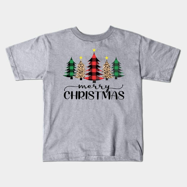 Merry Christmas Cheetah and Buffalo (Red & Green) Plaid Design Kids T-Shirt by OTM Sports & Graphics